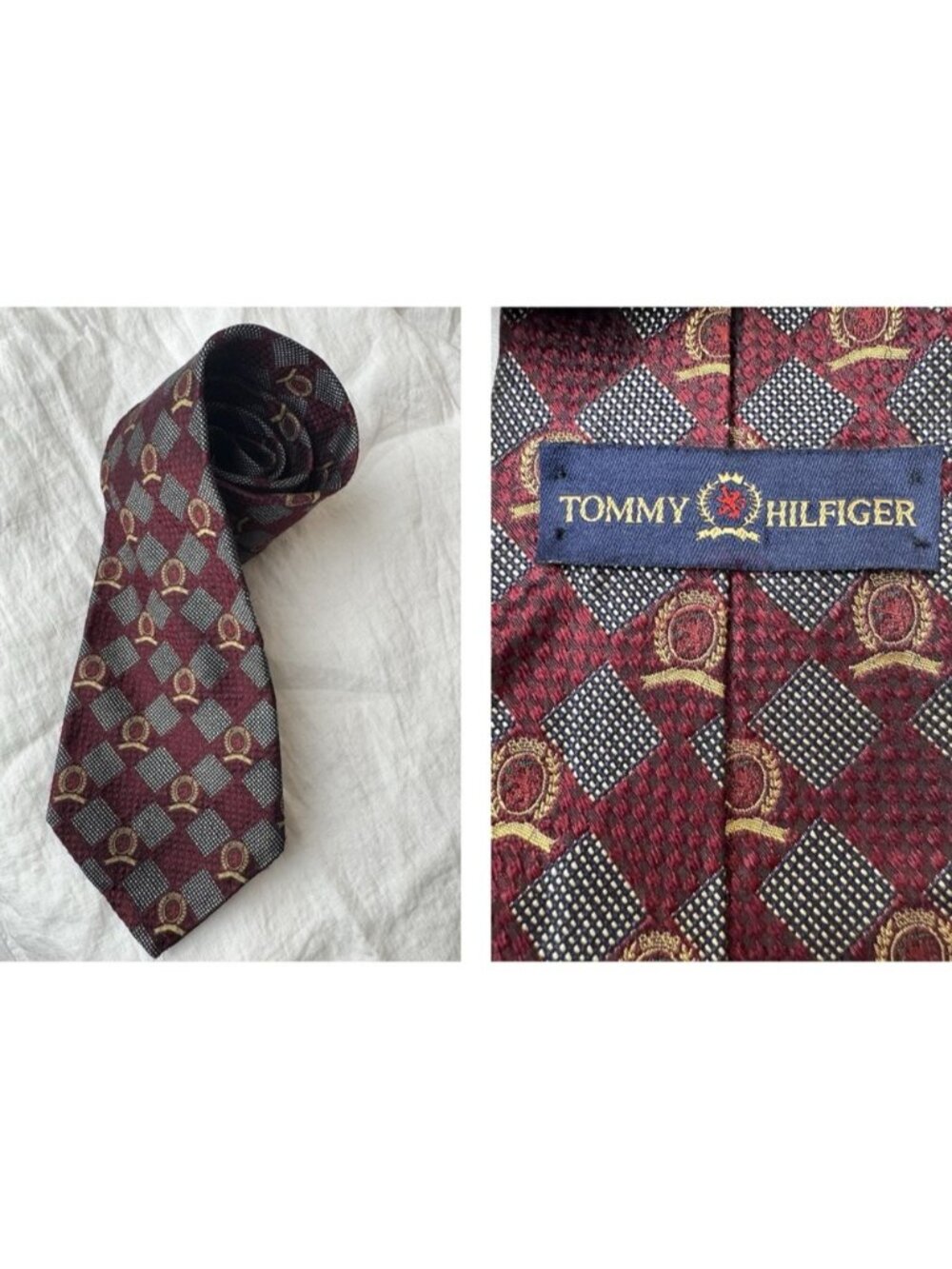 Vintage 90’s Tommy Hilfiger Silk Tie Burgundy Gold Geometric Preppy Power Tie